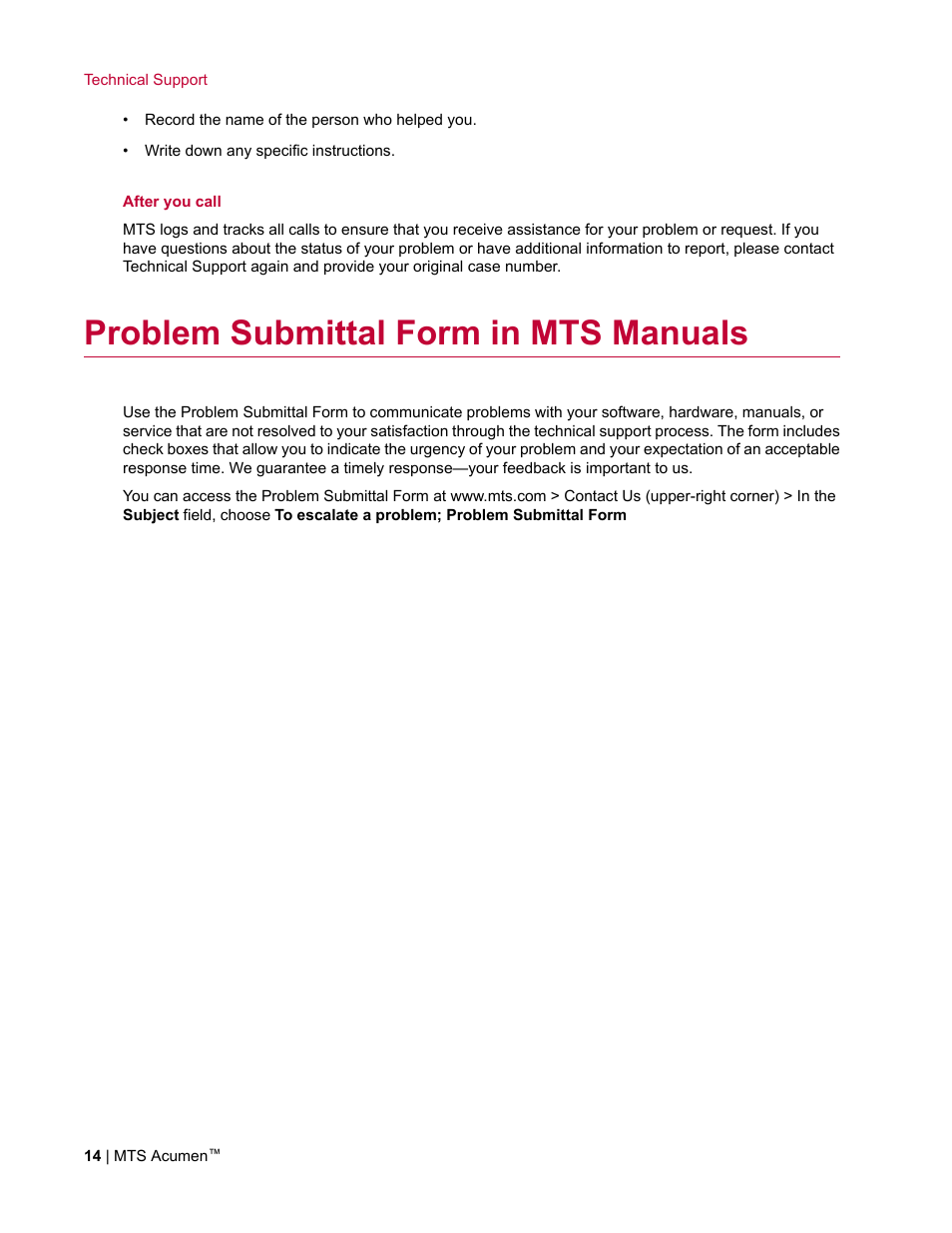 Problem submittal form in mts manuals | MTS Acumen User Manual | Page 14 / 208