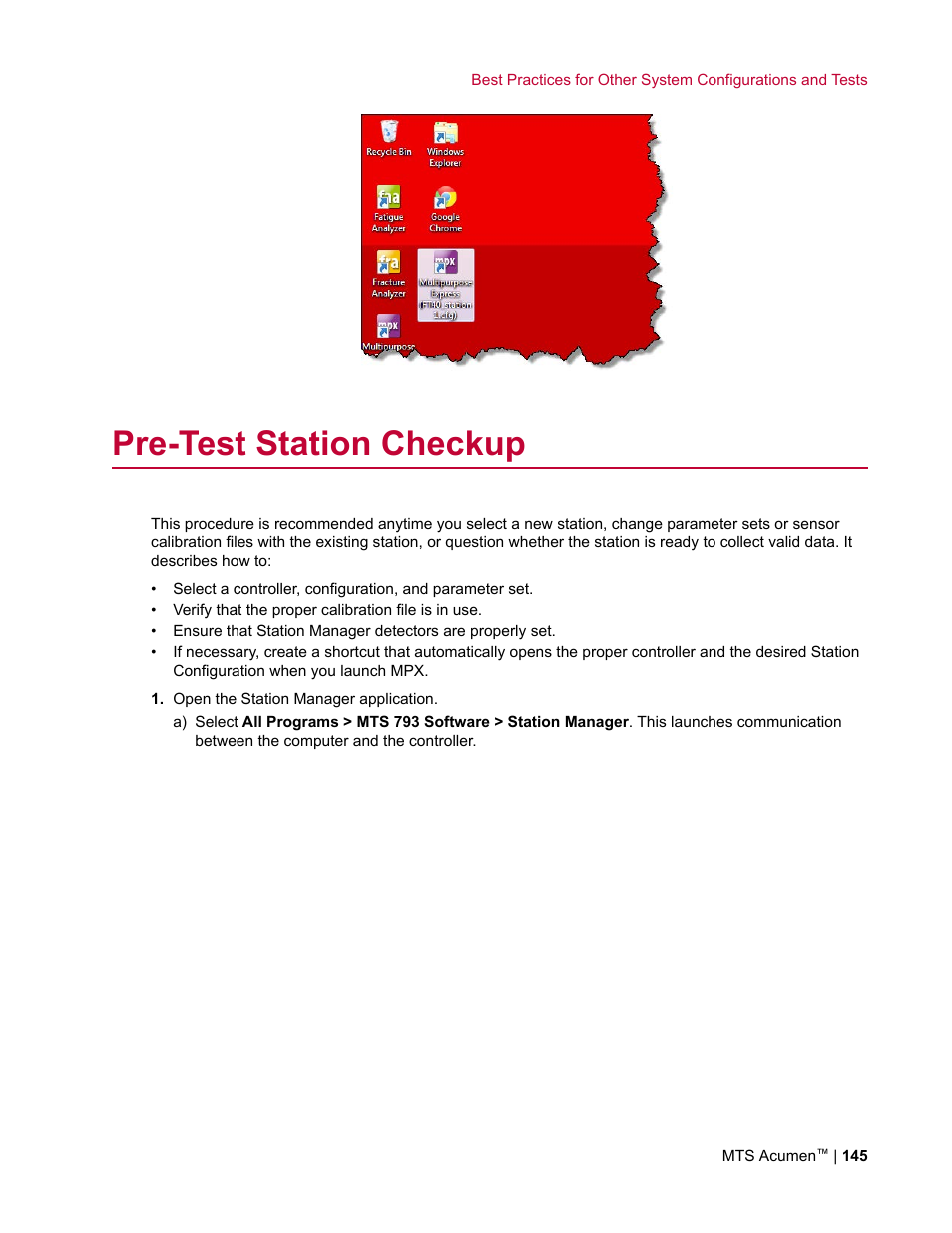 Pre-test station checkup, Pre-test station, Checkup | MTS Acumen User Manual | Page 145 / 208