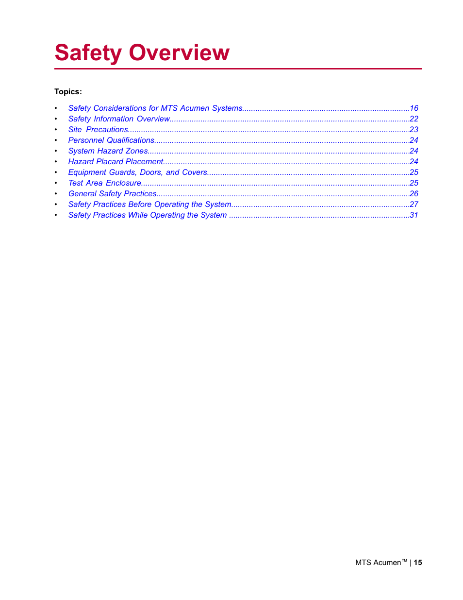 Safety overview | MTS Acumen User Manual | Page 15 / 208