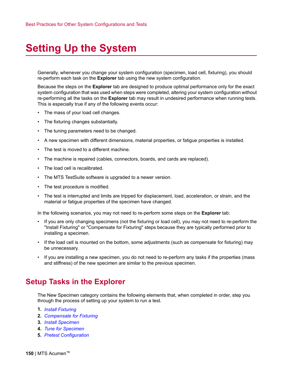 Setting up the system, Setup tasks in the explorer | MTS Acumen User Manual | Page 150 / 208