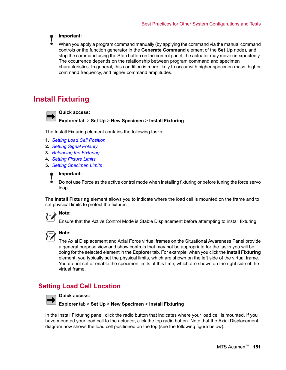 Install fixturing, Setting load cell location | MTS Acumen User Manual | Page 151 / 208