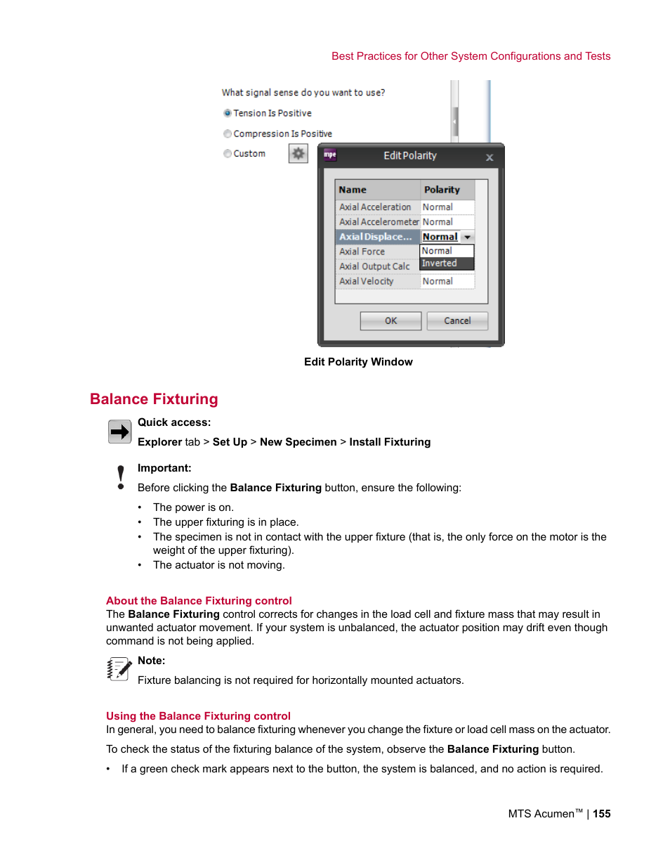 Balance fixturing, Balancing the fixturing | MTS Acumen User Manual | Page 155 / 208