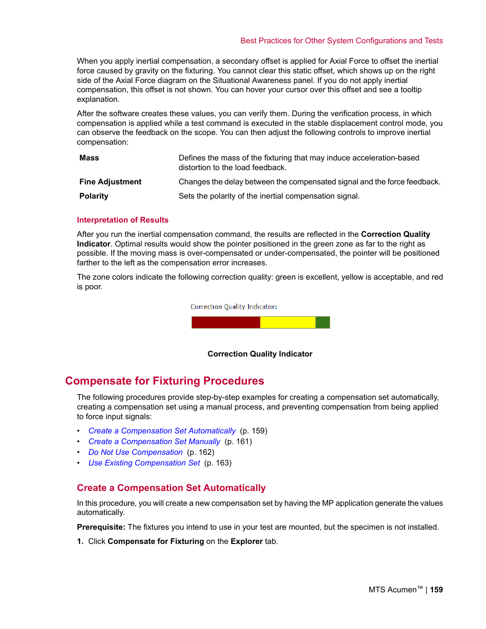 Compensate for fixturing procedures, Create a compensation set automatically | MTS Acumen User Manual | Page 159 / 208