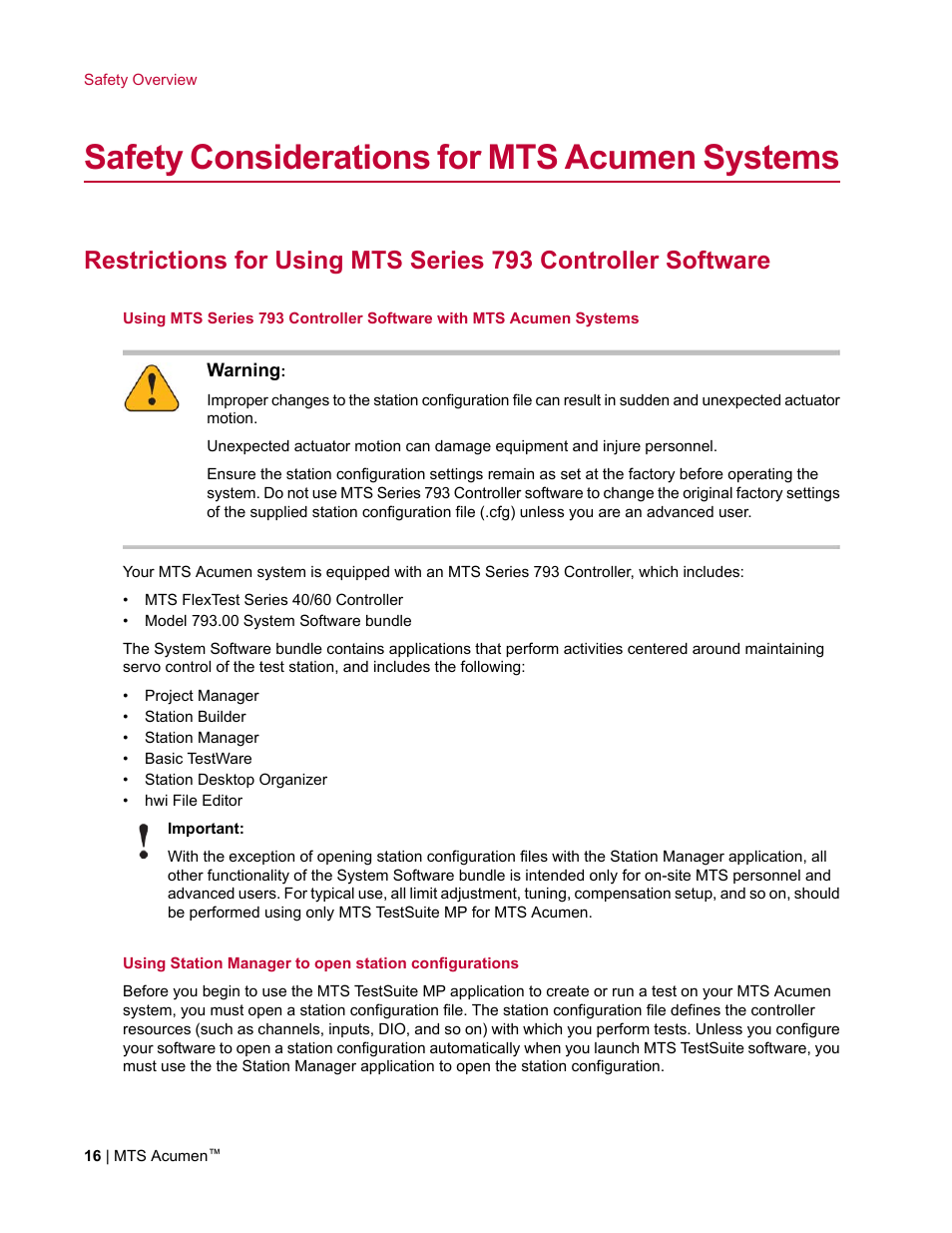 Safety considerations for mts acumen systems | MTS Acumen User Manual | Page 16 / 208