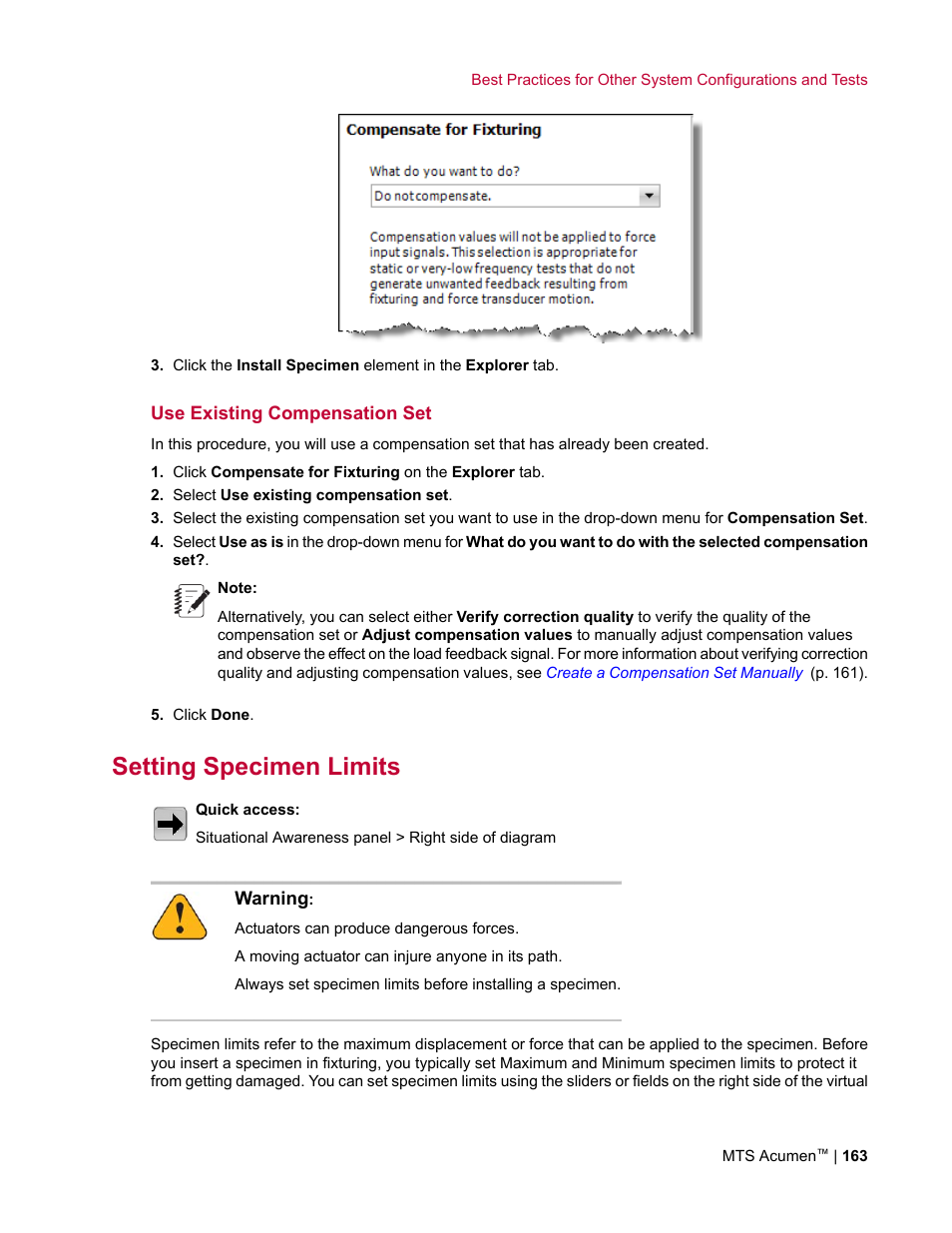 Use existing compensation set, Setting specimen limits | MTS Acumen User Manual | Page 163 / 208