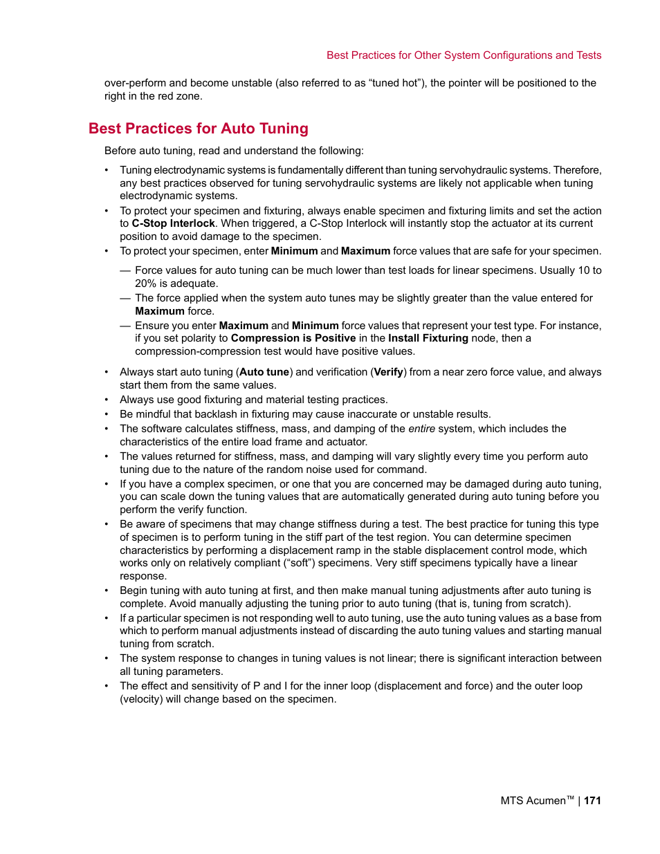 Best practices for auto tuning | MTS Acumen User Manual | Page 171 / 208