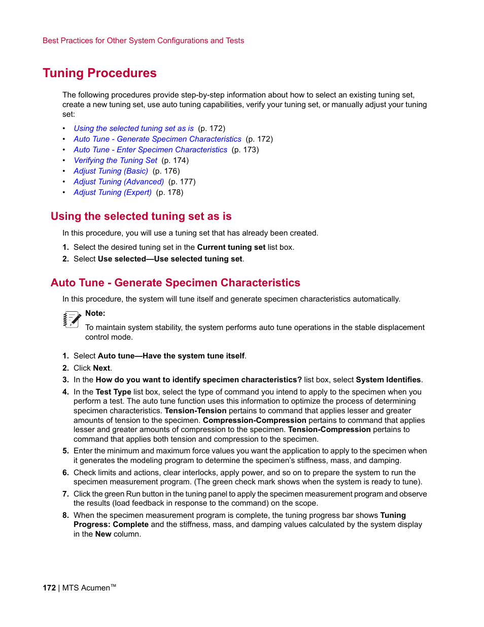 Tuning procedures, Using the selected tuning set as is, Auto tune - generate specimen characteristics | MTS Acumen User Manual | Page 172 / 208