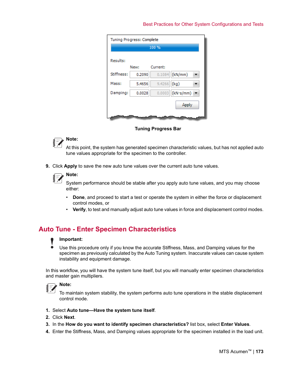 Auto tune - enter specimen characteristics | MTS Acumen User Manual | Page 173 / 208