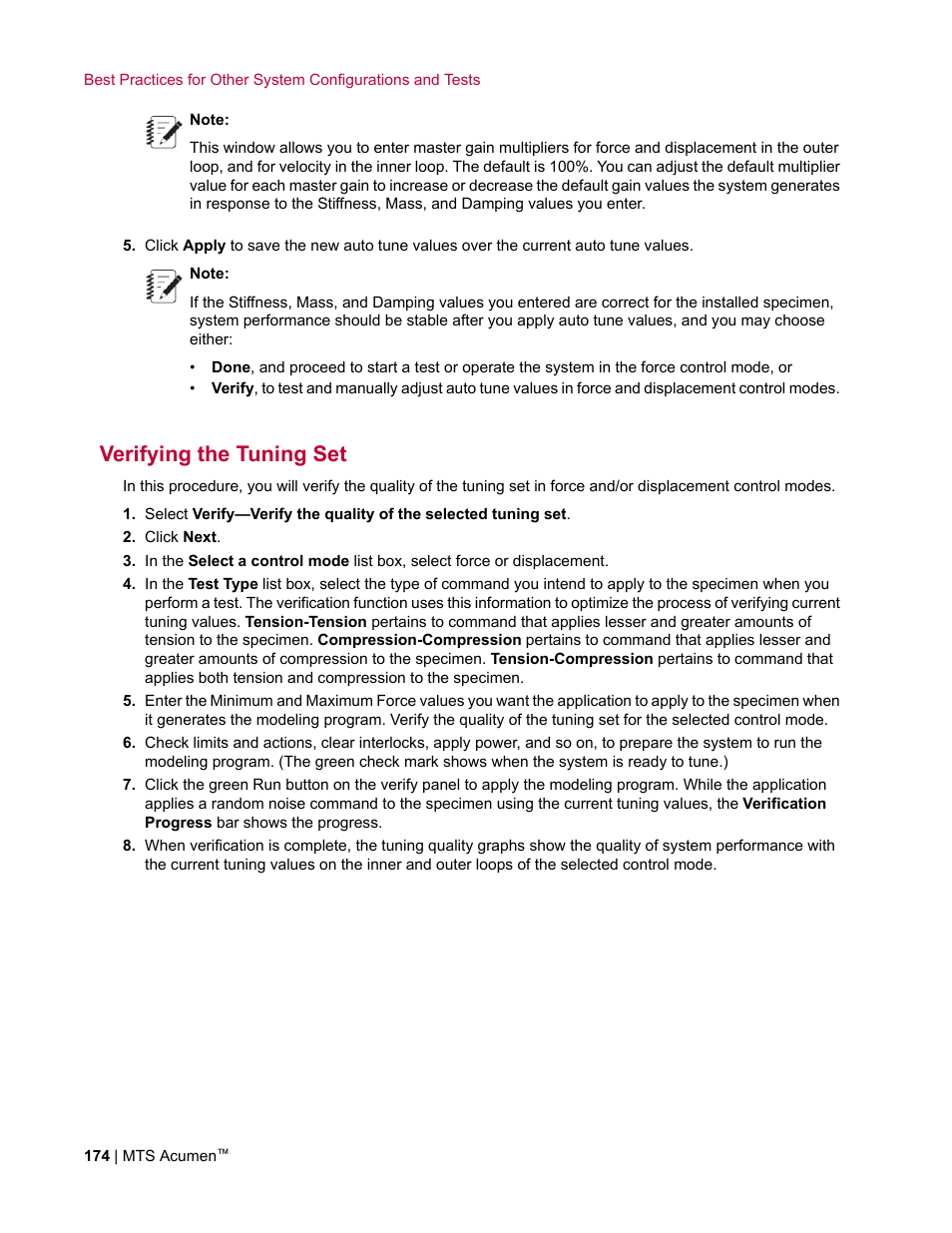 Verifying the tuning set | MTS Acumen User Manual | Page 174 / 208