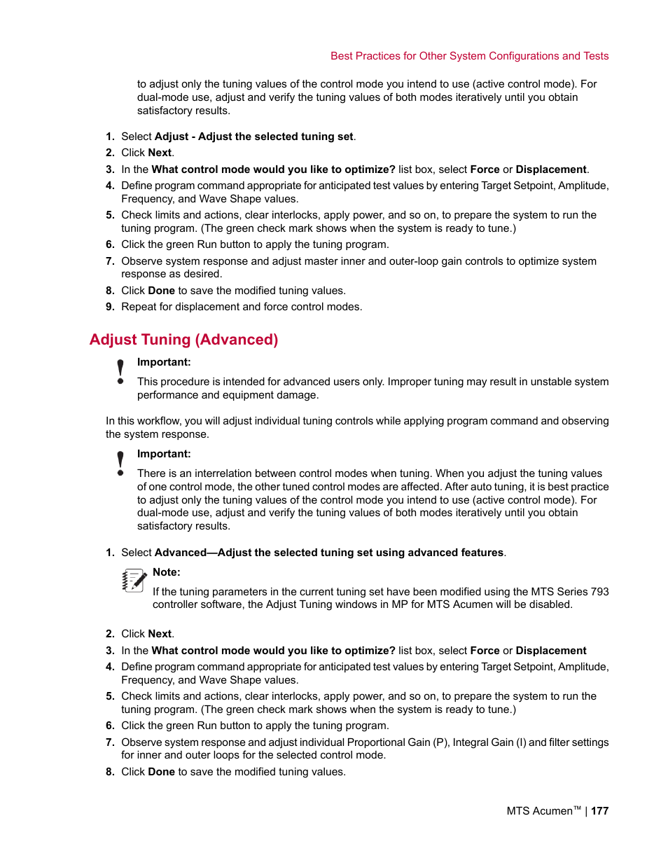 Adjust tuning (advanced) | MTS Acumen User Manual | Page 177 / 208