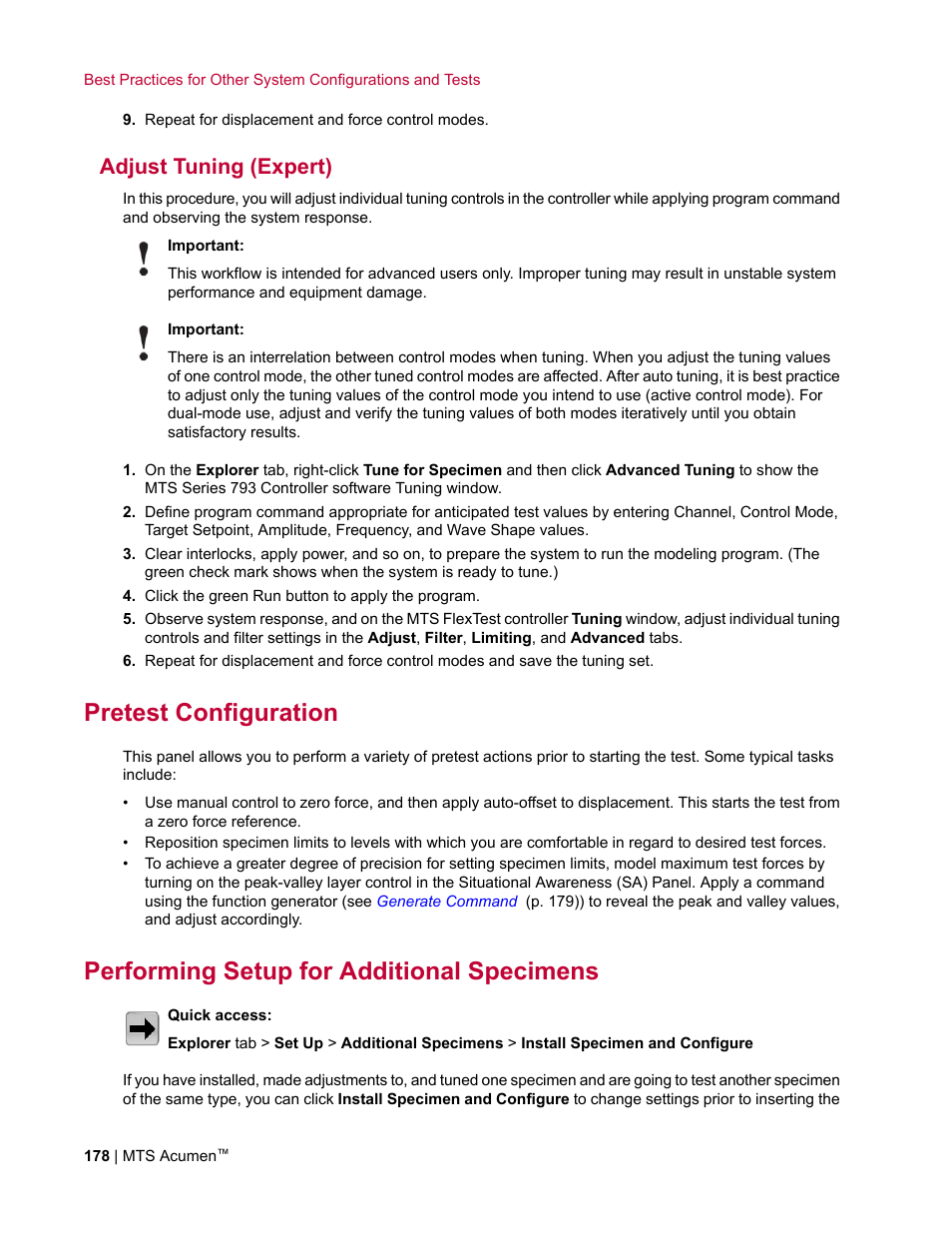 Adjust tuning (expert), Pretest configuration, Performing setup for additional specimens | MTS Acumen User Manual | Page 178 / 208