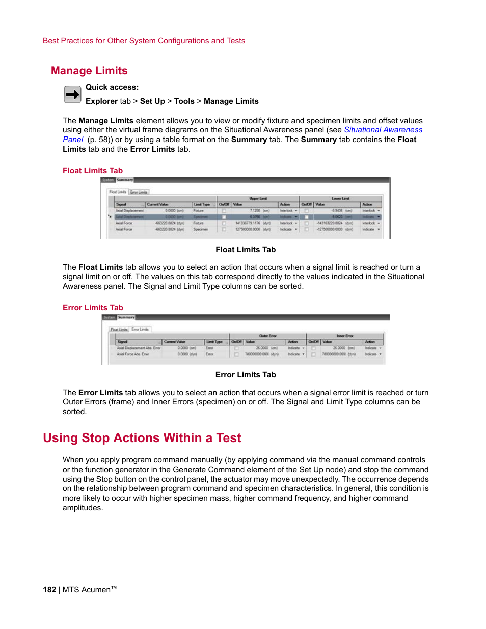 Manage limits, Using stop actions within a test | MTS Acumen User Manual | Page 182 / 208