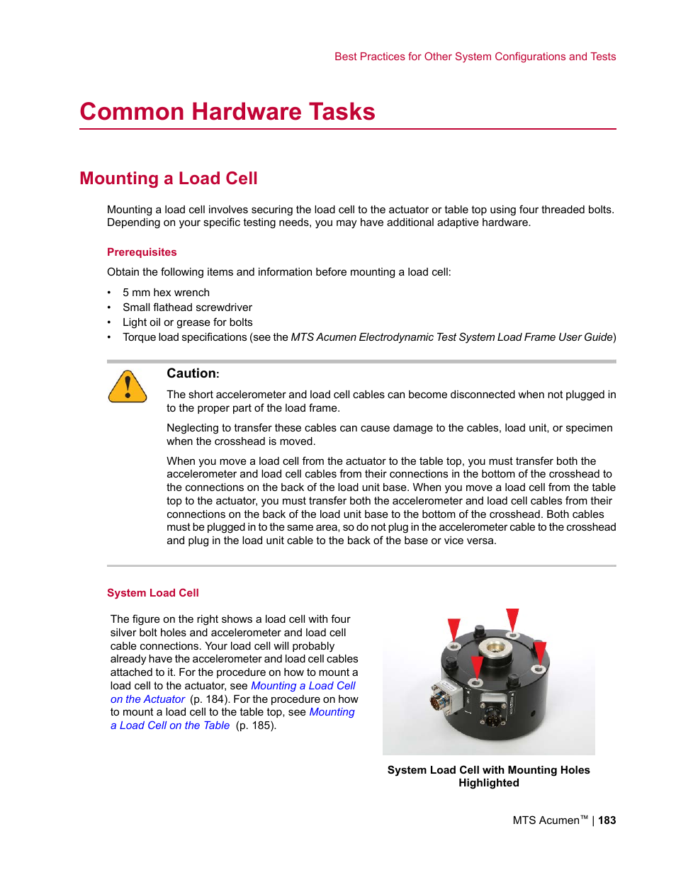 Common hardware tasks, Mounting a load cell | MTS Acumen User Manual | Page 183 / 208