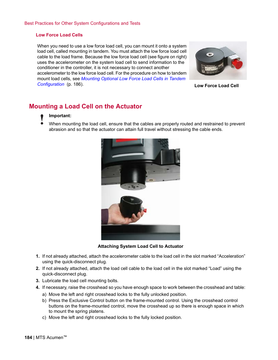 Mounting a load cell on the actuator, Mounting a load cell, On the actuator | MTS Acumen User Manual | Page 184 / 208