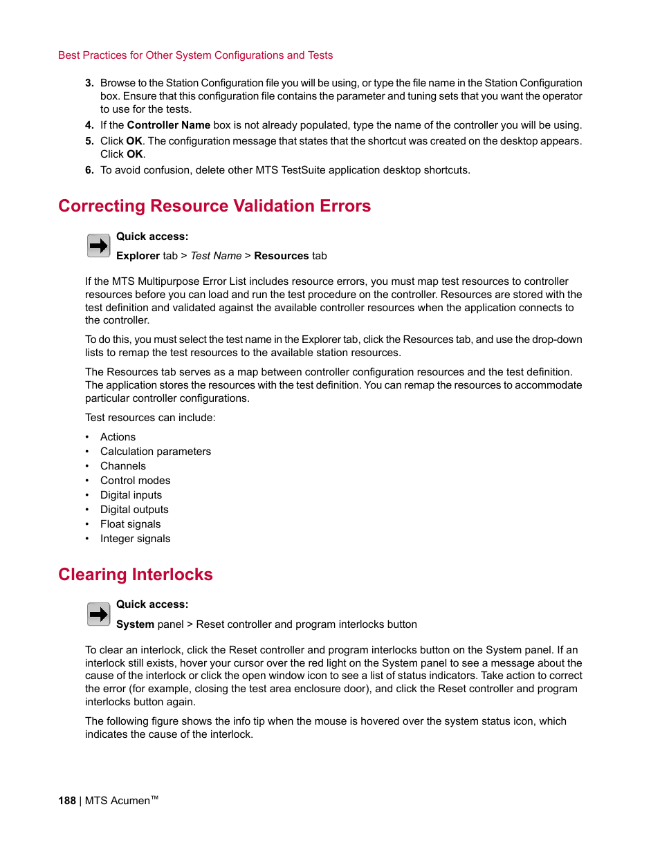 Correcting resource validation errors, Clearing interlocks | MTS Acumen User Manual | Page 188 / 208