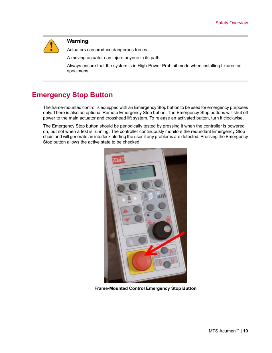 Emergency stop button | MTS Acumen User Manual | Page 19 / 208