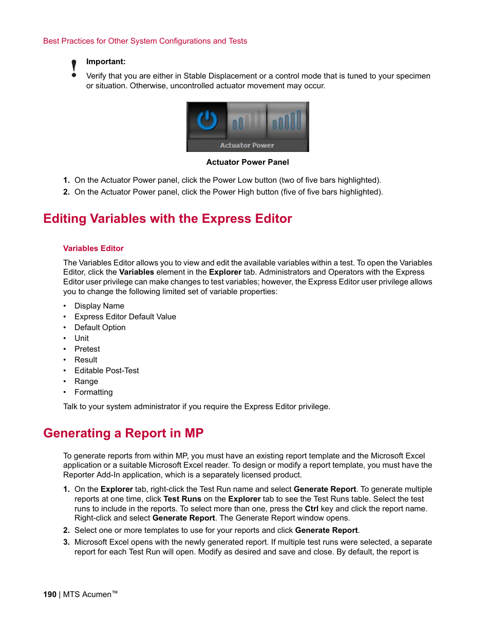 Editing variables with the express editor, Generating a report in mp | MTS Acumen User Manual | Page 190 / 208