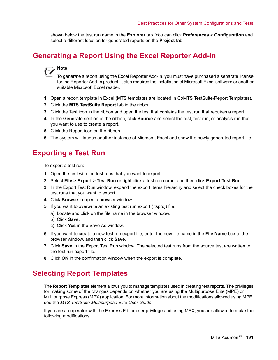 Exporting a test run, Selecting report templates | MTS Acumen User Manual | Page 191 / 208