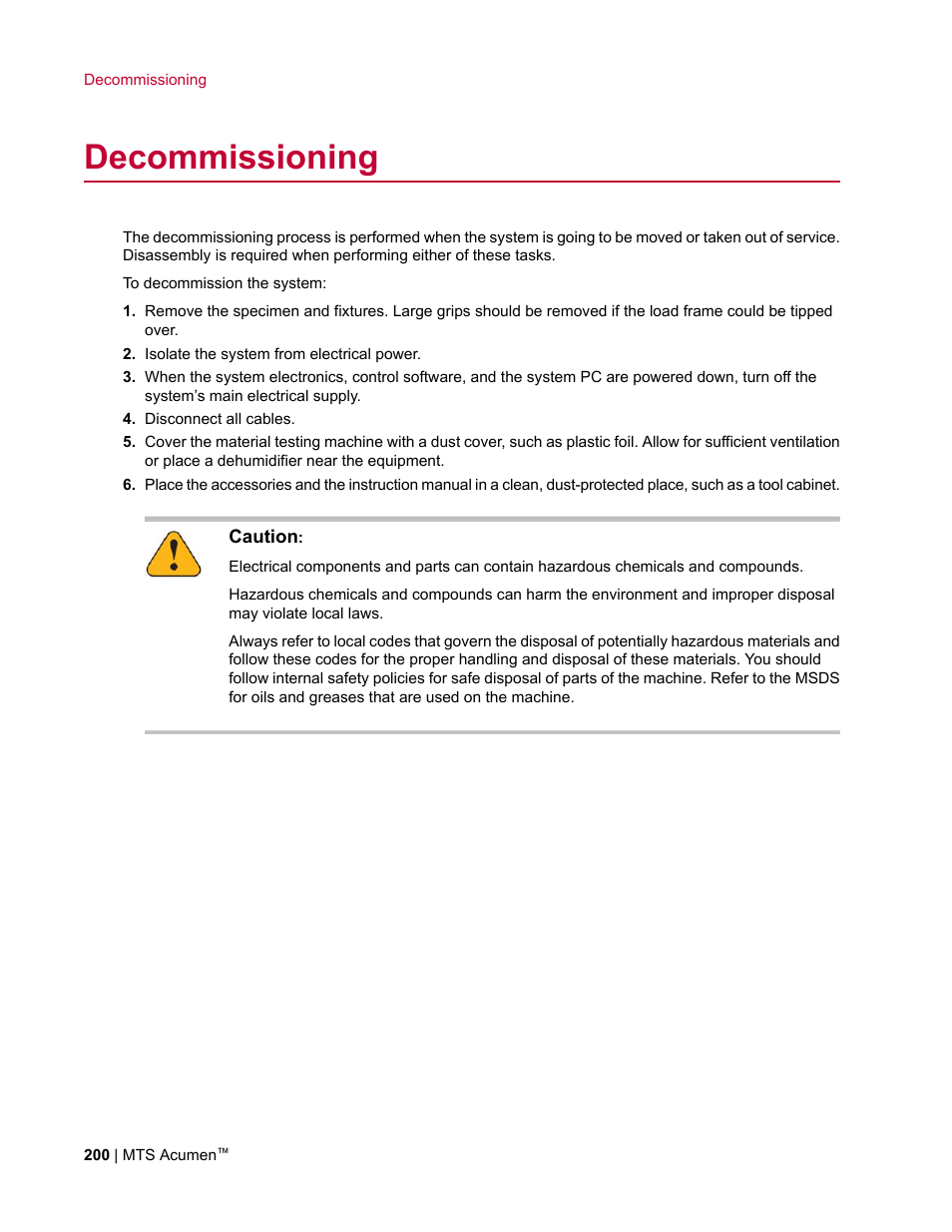 Decommissioning | MTS Acumen User Manual | Page 200 / 208