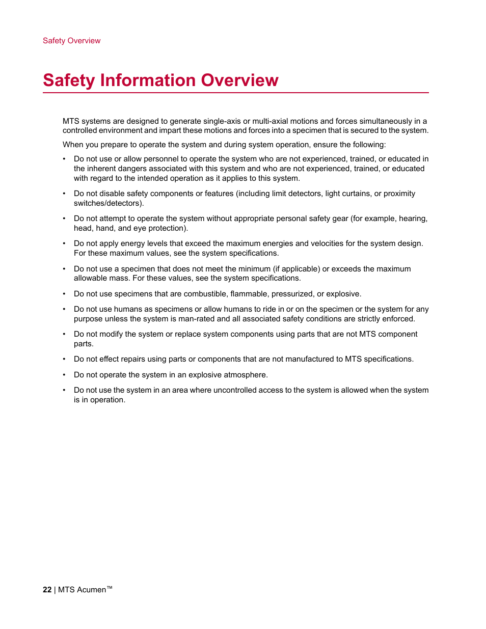 Safety information overview | MTS Acumen User Manual | Page 22 / 208