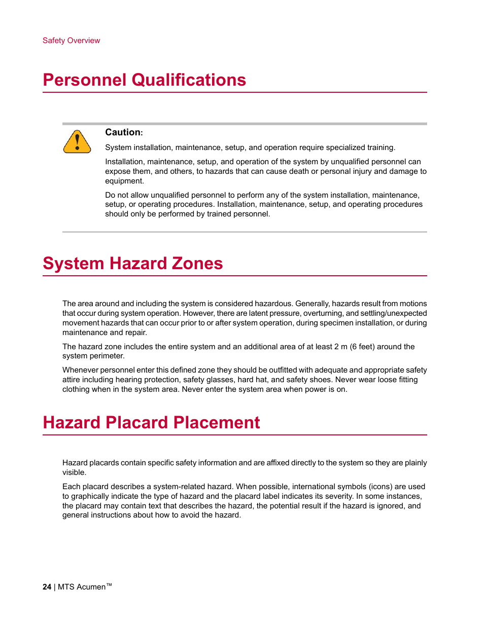 Personnel qualifications, System hazard zones, Hazard placard placement | MTS Acumen User Manual | Page 24 / 208