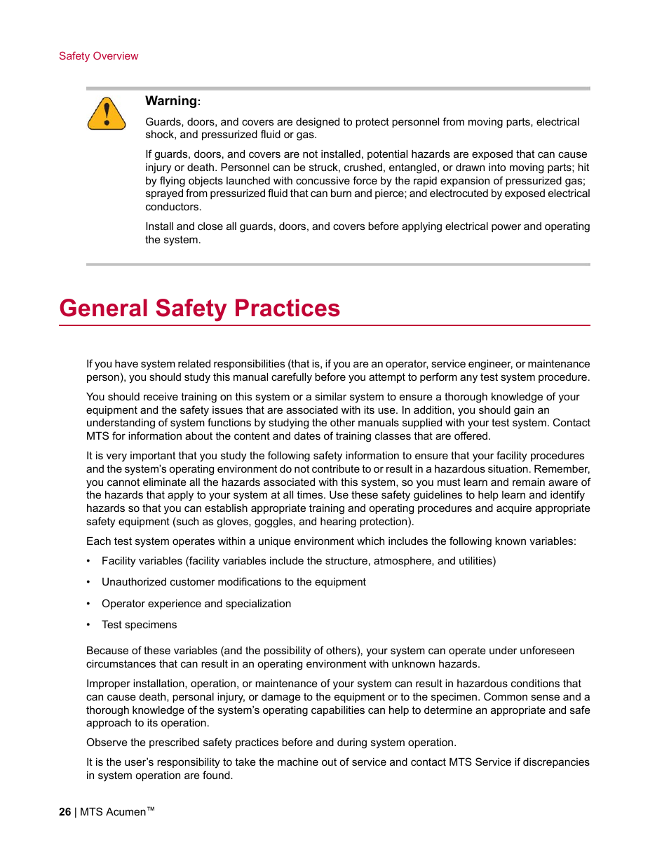 General safety practices | MTS Acumen User Manual | Page 26 / 208