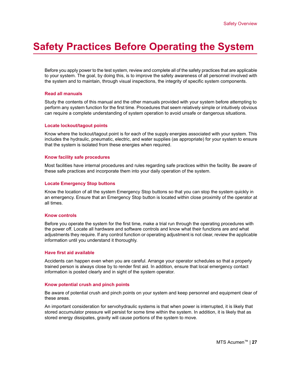 Safety practices before operating the system | MTS Acumen User Manual | Page 27 / 208