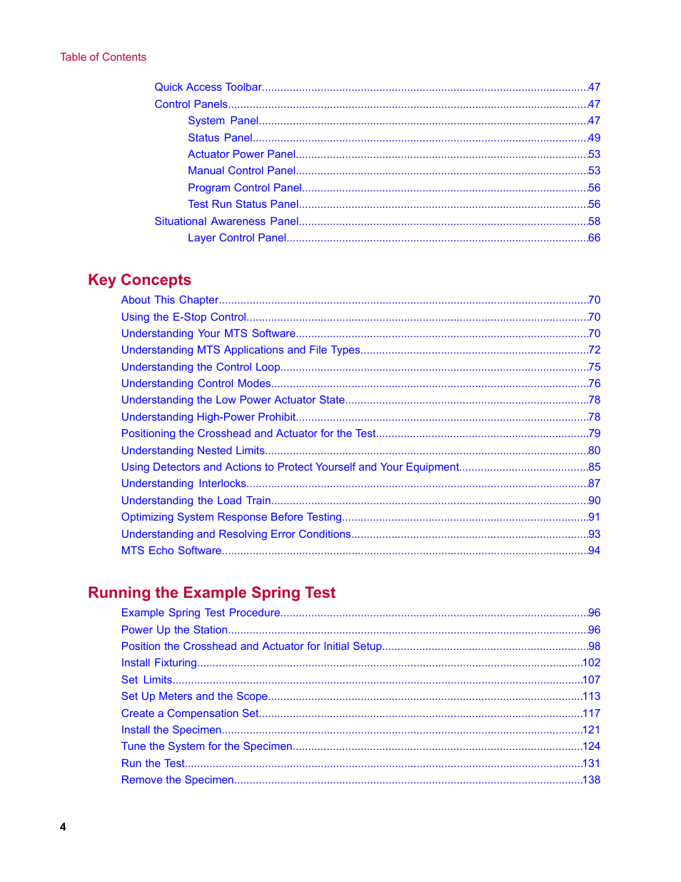 Key concepts, Running the example spring test | MTS Acumen User Manual | Page 4 / 208