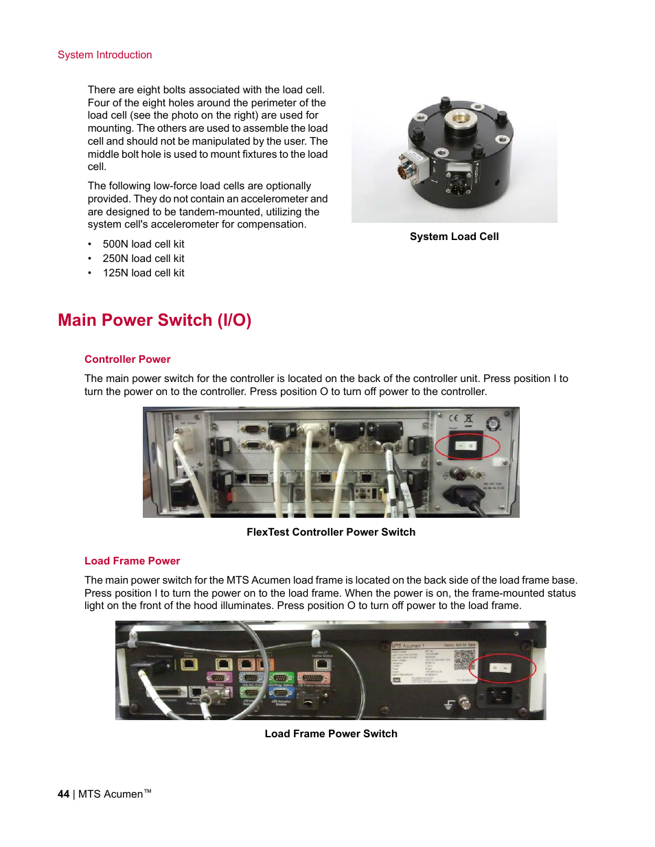Main power switch (i/o) | MTS Acumen User Manual | Page 44 / 208