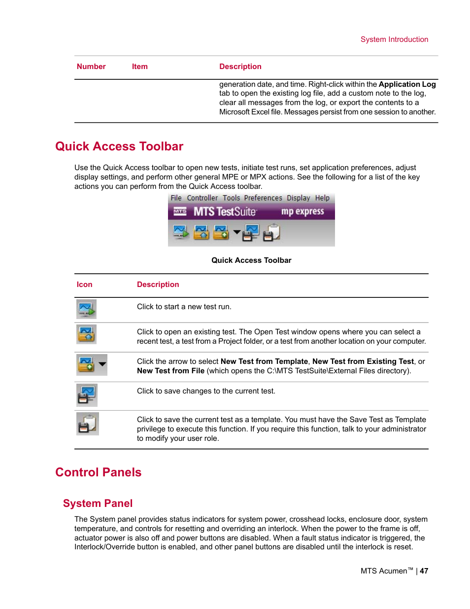 Quick access toolbar, Control panels, System panel | MTS Acumen User Manual | Page 47 / 208