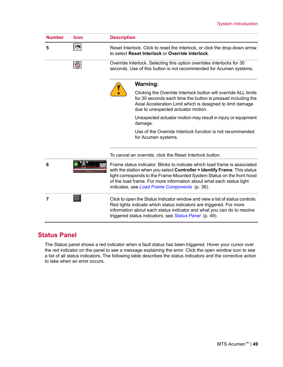 Status panel | MTS Acumen User Manual | Page 49 / 208