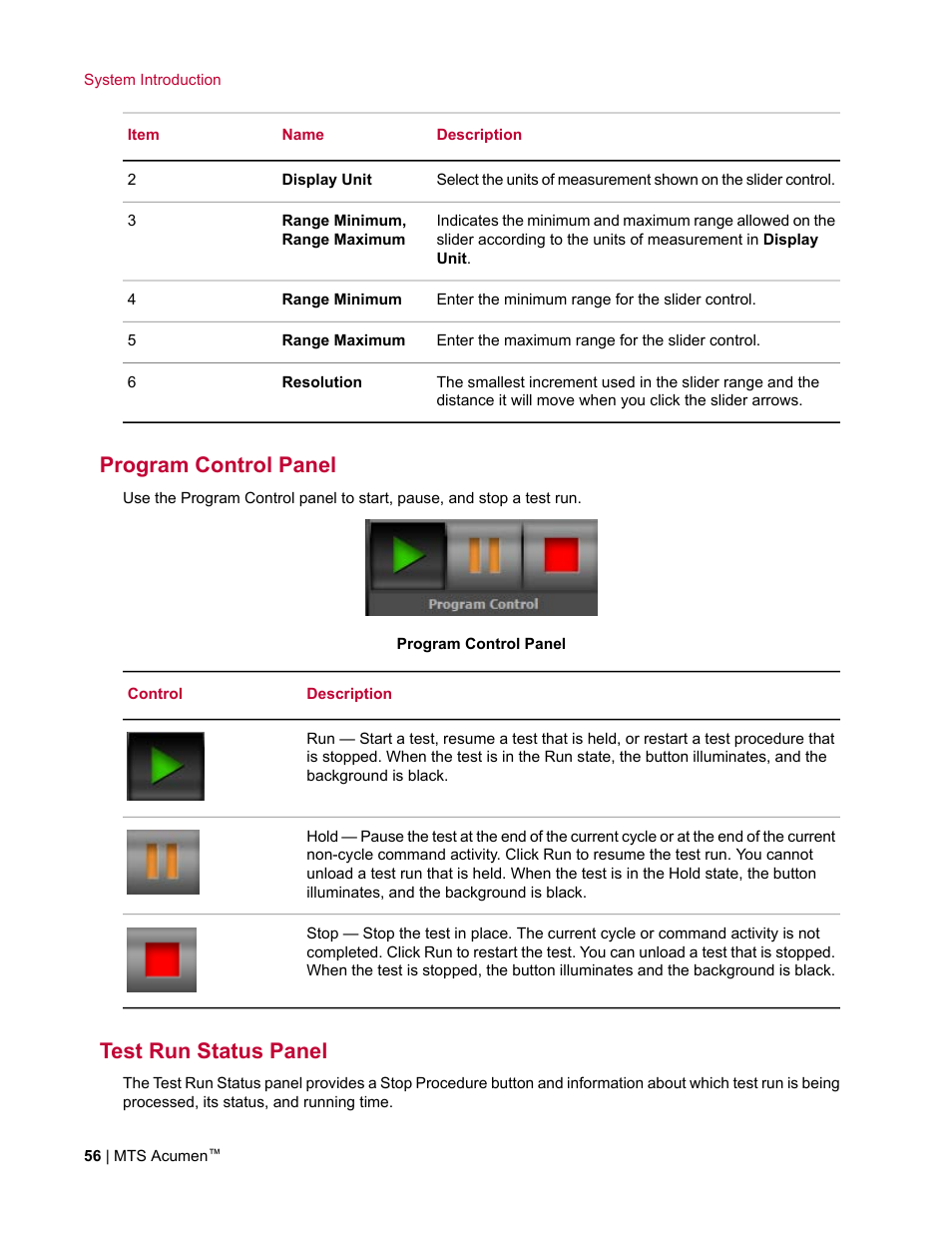 Program control panel, Test run status panel | MTS Acumen User Manual | Page 56 / 208