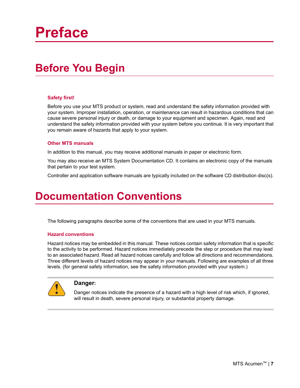 Preface, Before you begin, Documentation conventions | MTS Acumen User Manual | Page 7 / 208