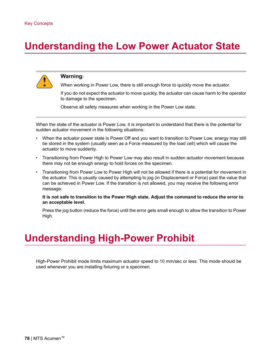 Understanding the low power actuator state, Understanding high-power prohibit | MTS Acumen User Manual | Page 78 / 208