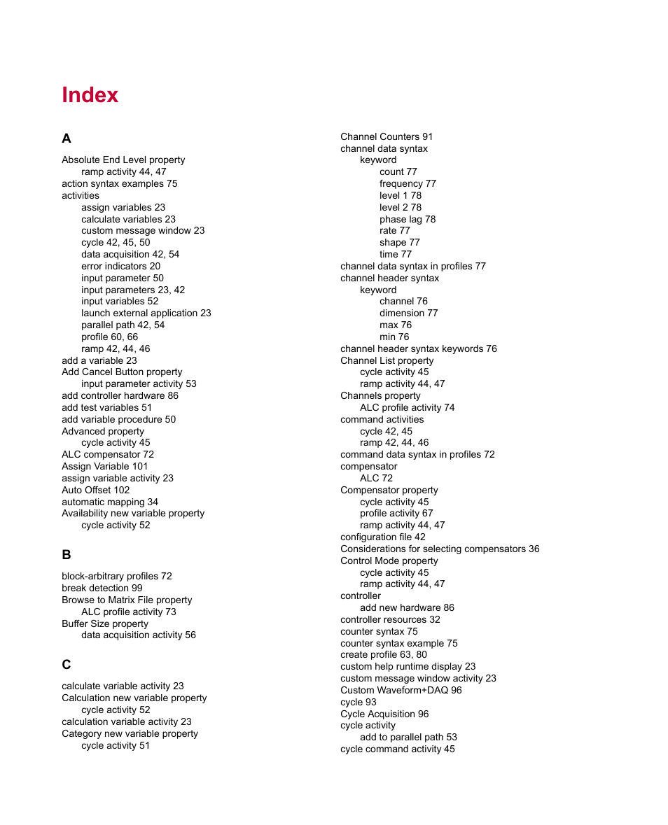 Index | MTS Multipurpose Elite User Manual | Page 103 / 112