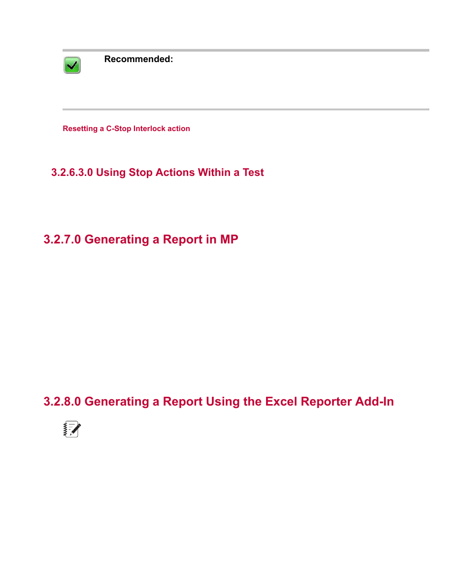 0 using stop actions within a test, 0 generating a report in mp | MTS Multipurpose Elite User Manual | Page 28 / 112