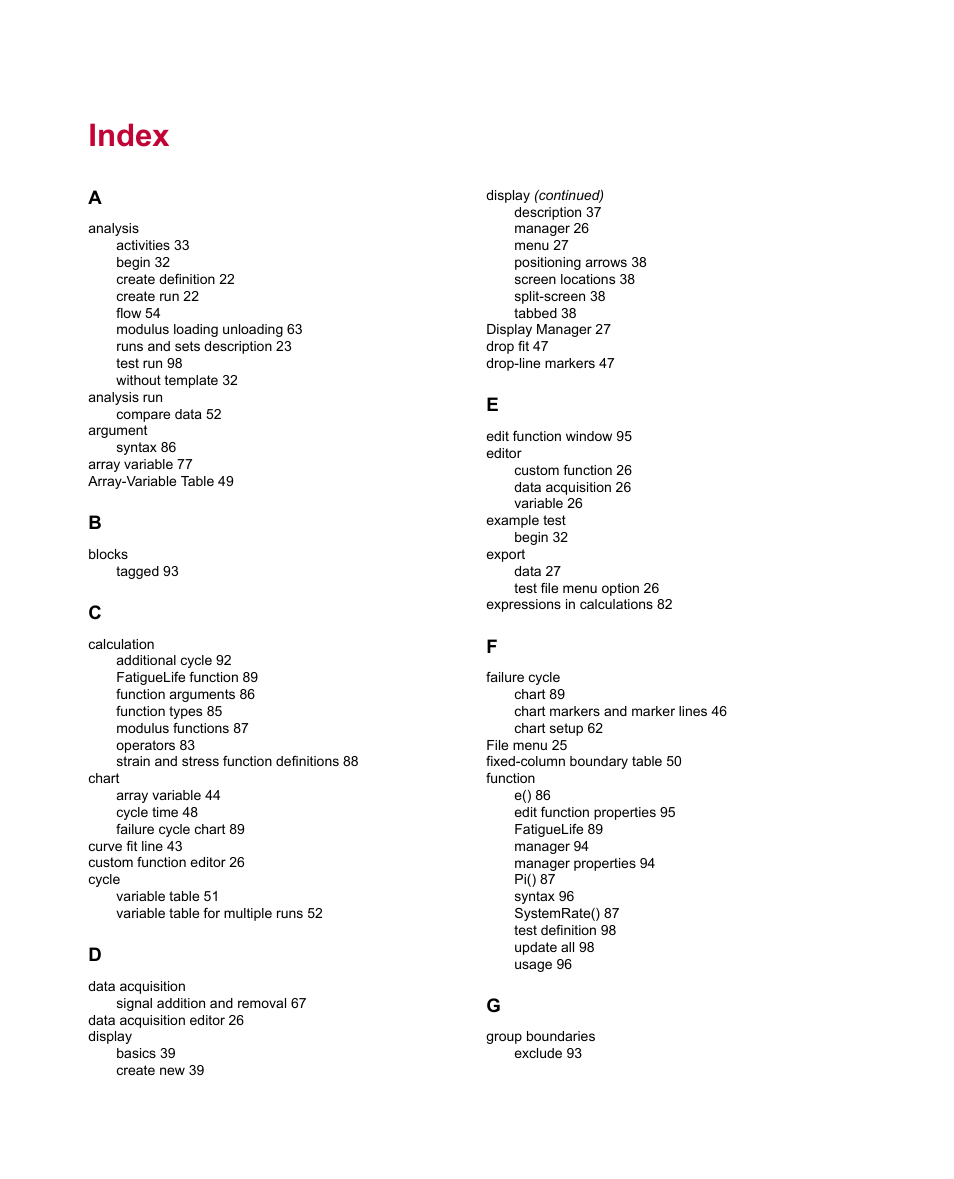 Index | MTS Fatigue Analyzer User Manual | Page 101 / 106