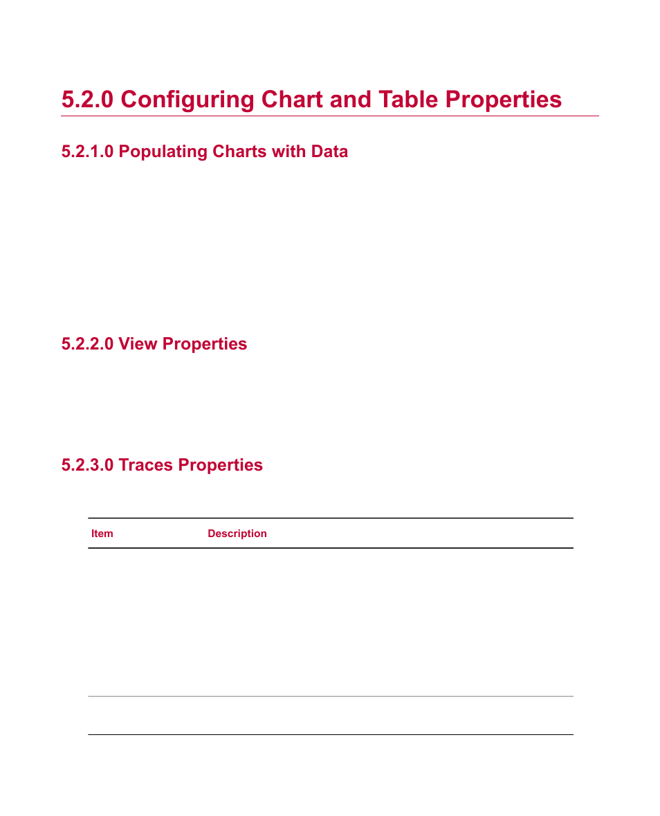 0 configuring chart and table properties, 0 populating charts with data, 0 view properties | 0 traces properties | MTS Fatigue Analyzer User Manual | Page 40 / 106