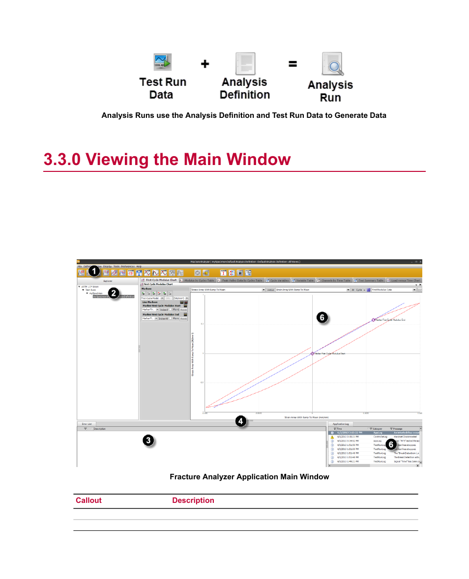 0 viewing the main window, Viewing the main window | MTS Fracture Analyzer User Manual | Page 24 / 96