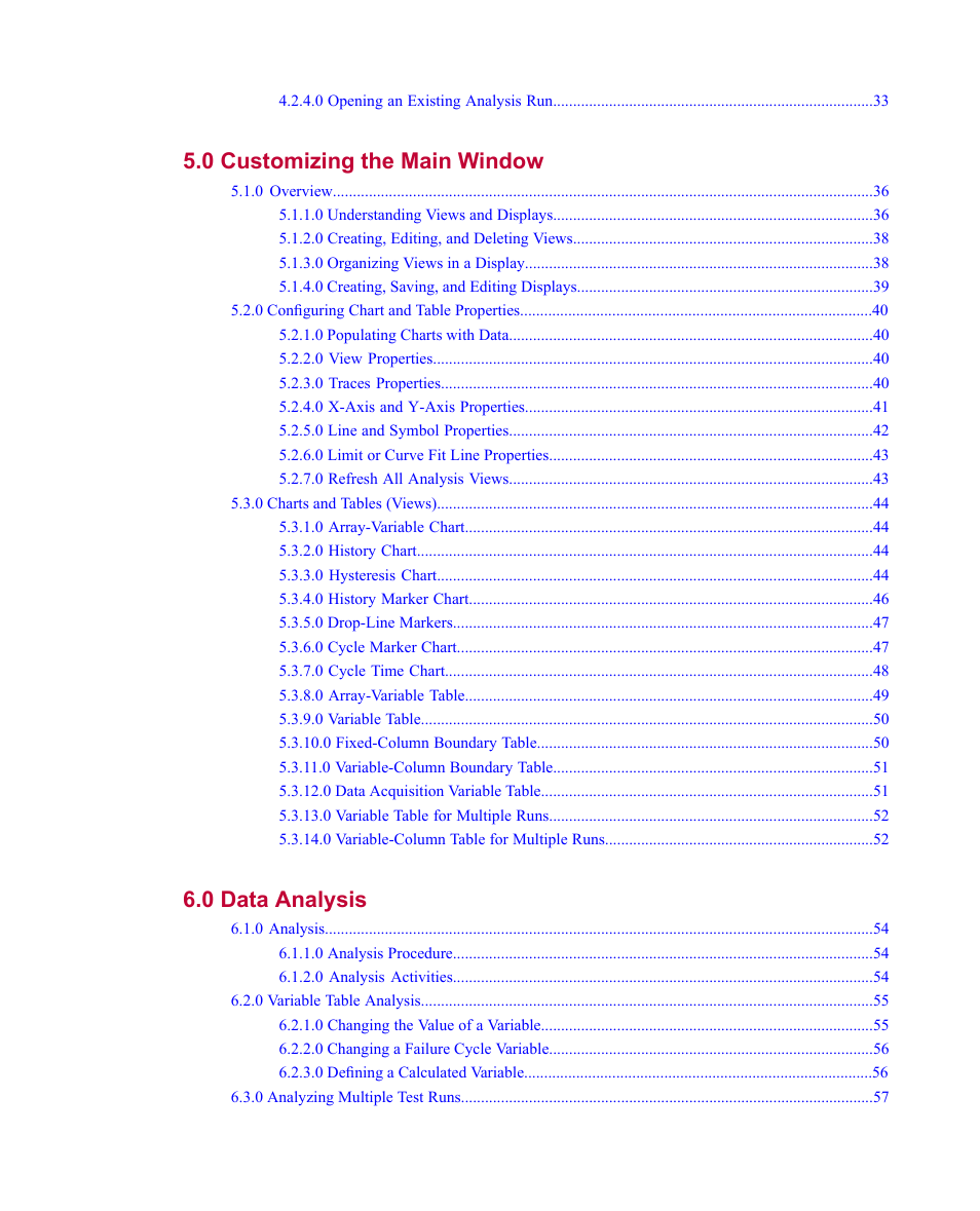 0 customizing the main window 35, 0 data analysis 53 | MTS Fracture Analyzer User Manual | Page 4 / 96