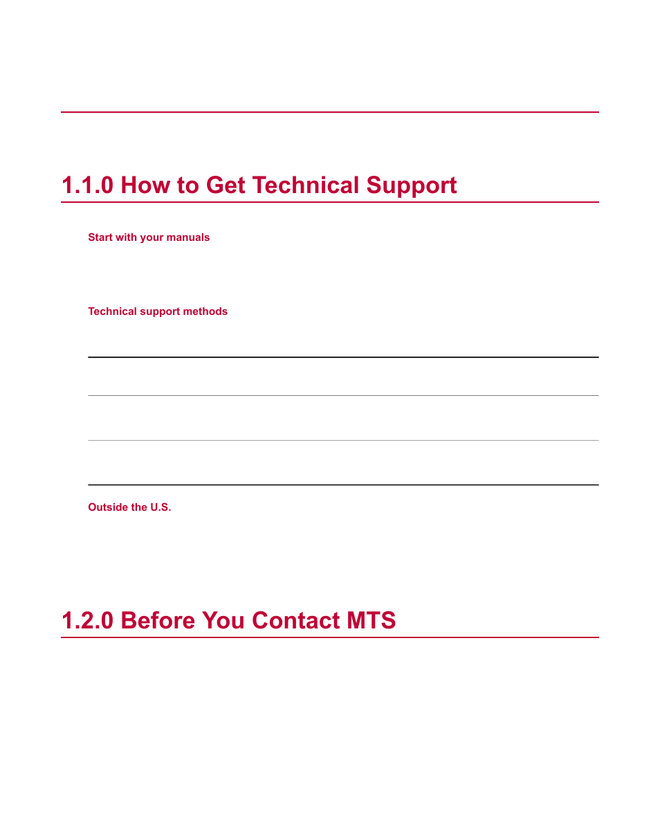 0 technical support, 0 how to get technical support, 0 before you contact mts | MTS Fracture Analyzer User Manual | Page 7 / 96