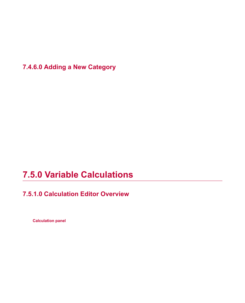 0 adding a new category, 0 variable calculations, 0 calculation editor overview | Variable calculations | MTS Fracture Analyzer User Manual | Page 74 / 96