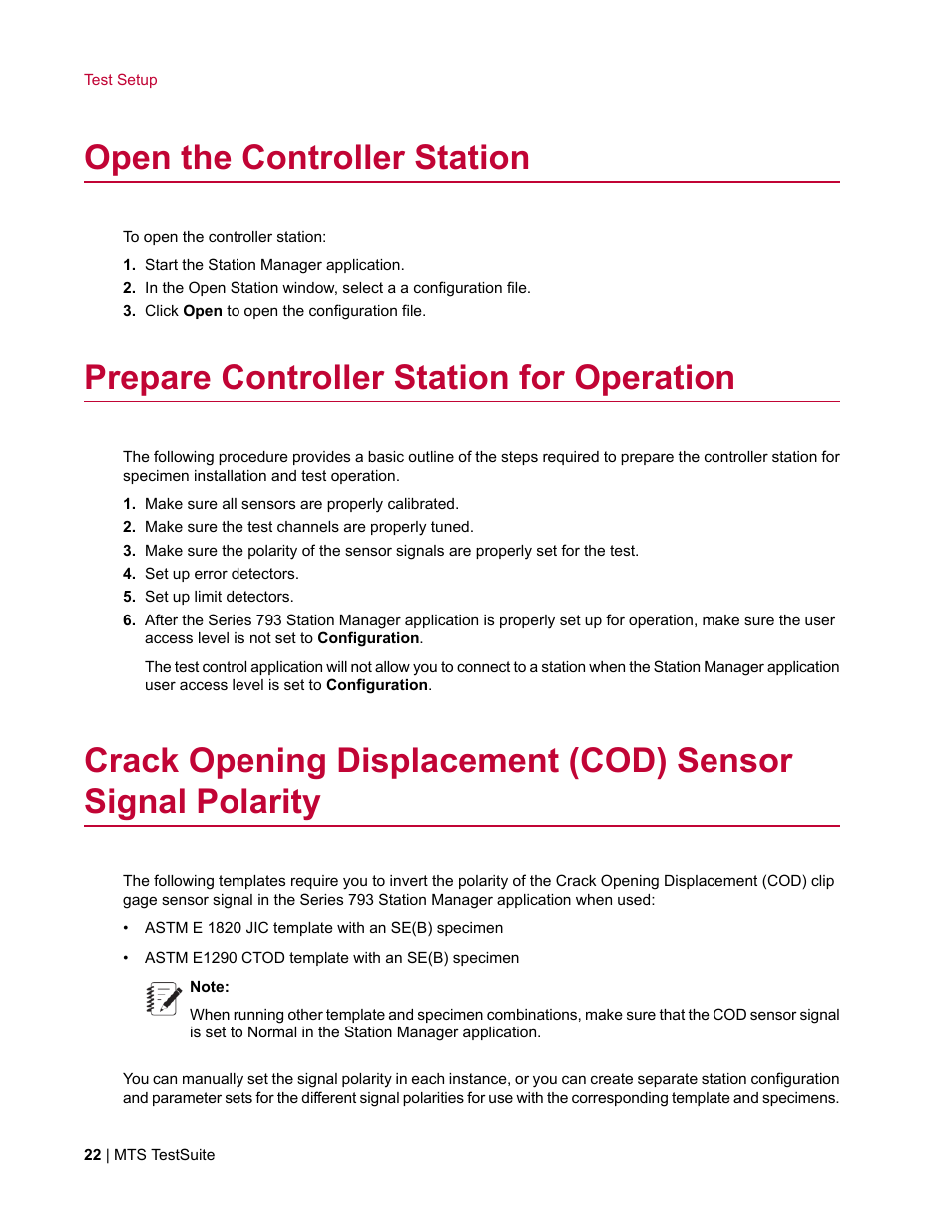 Open the controller station, Prepare controller station for operation | MTS Fracture Template User Manual | Page 22 / 92