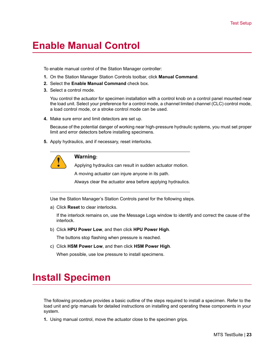 Enable manual control, Install specimen | MTS Fracture Template User Manual | Page 23 / 92