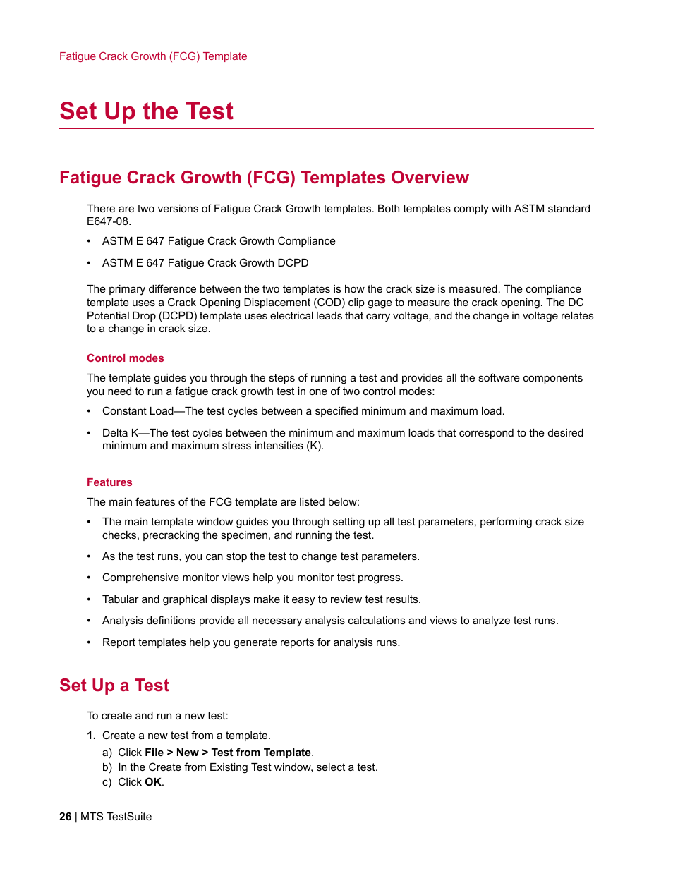 Set up the test, Fatigue crack growth (fcg) templates overview, Set up a test | MTS Fracture Template User Manual | Page 26 / 92