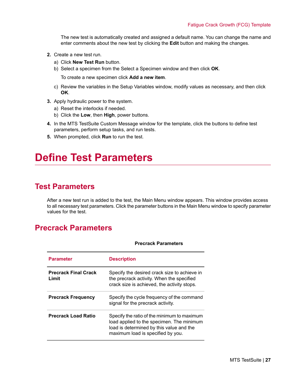 Define test parameters, Test parameters, Precrack parameters | MTS Fracture Template User Manual | Page 27 / 92
