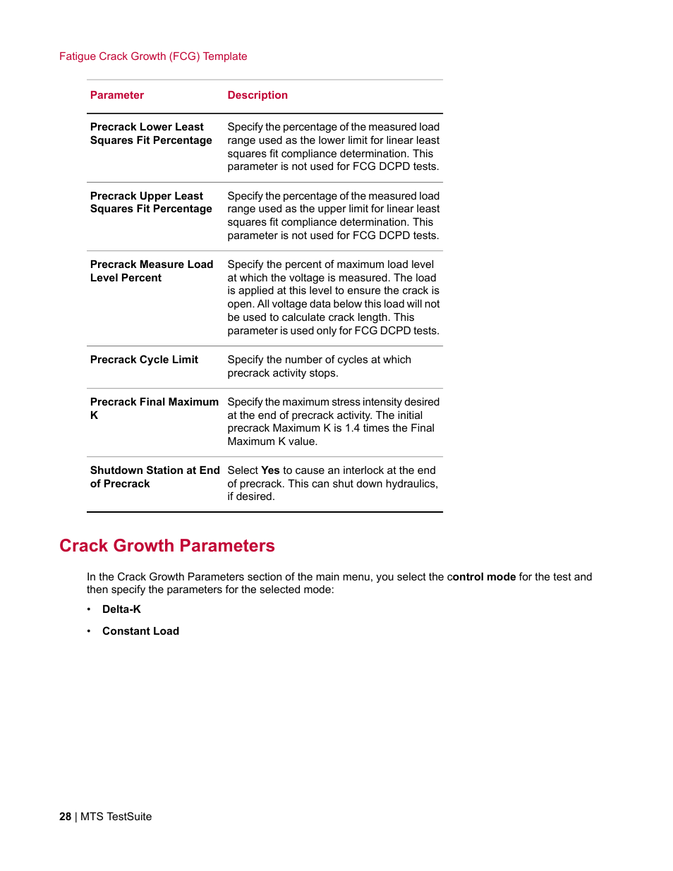 Crack growth parameters | MTS Fracture Template User Manual | Page 28 / 92