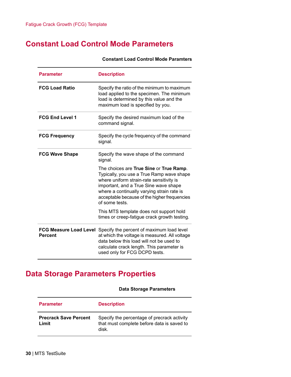 Constant load control mode parameters, Data storage parameters properties | MTS Fracture Template User Manual | Page 30 / 92