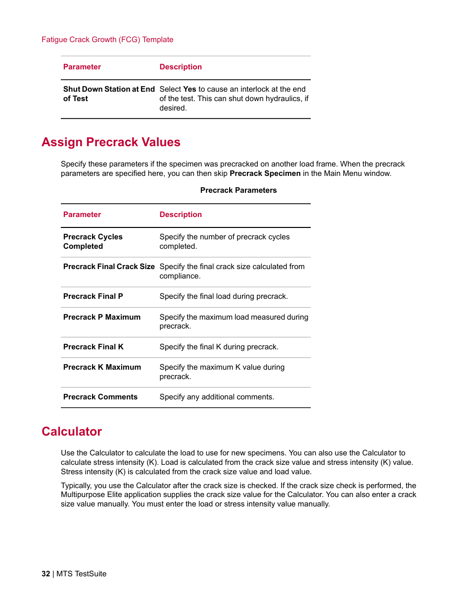 Assign precrack values, Calculator | MTS Fracture Template User Manual | Page 32 / 92