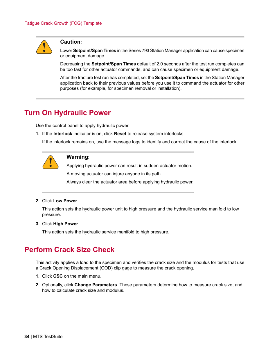 Turn on hydraulic power, Perform crack size check | MTS Fracture Template User Manual | Page 34 / 92